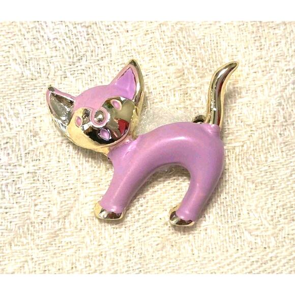 Lavender Silvertone Arched Kitty Cat Pin Brooch MCM Style Retro Whimsy Fairycore - Picture 1 of 7